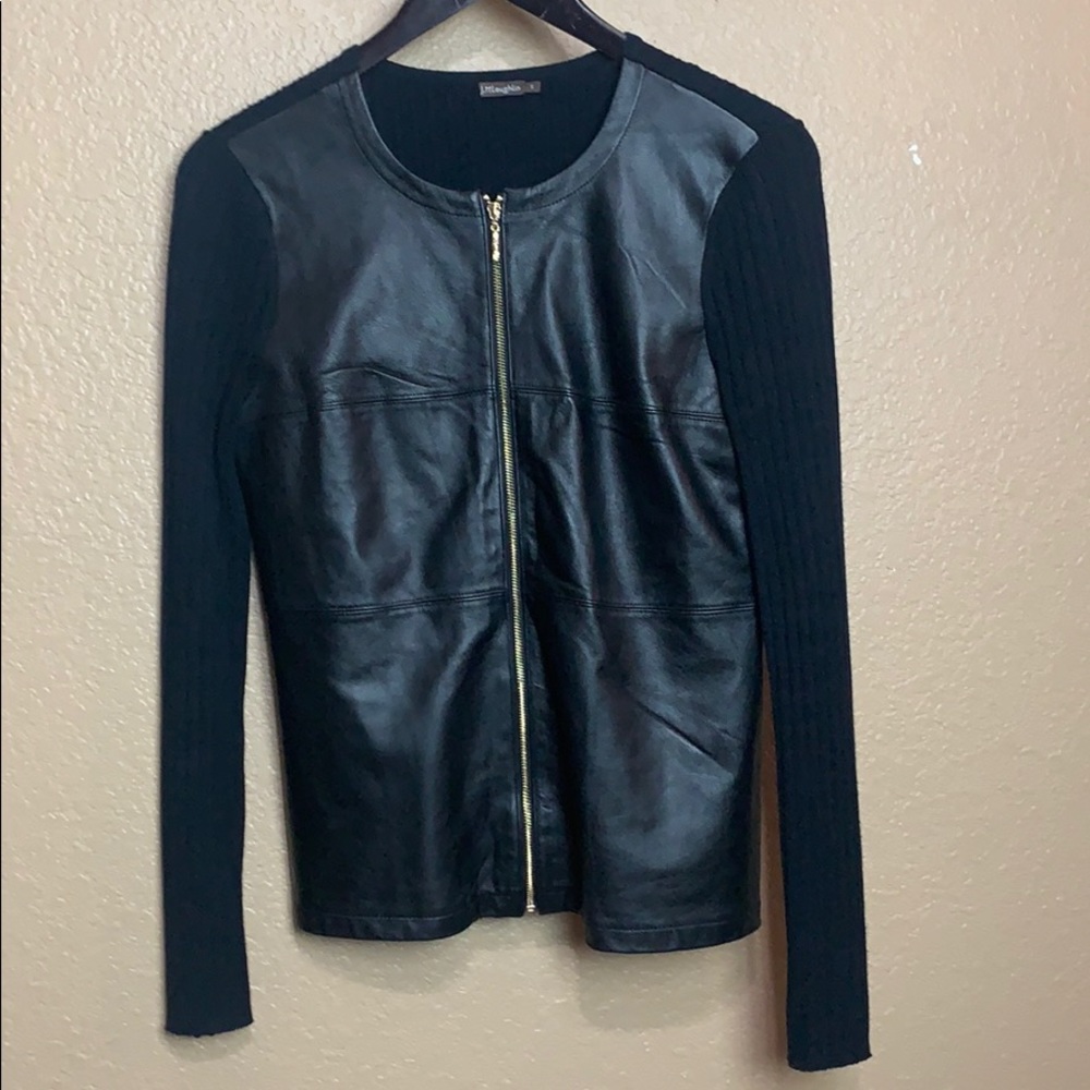 J. McLaughlin Black Leather-Front Zip Cardigan